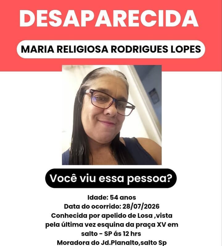 Família procura por mulher de 54 anos que tem esquizofrenia